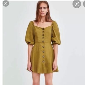 Zara Linen Buttoned Dress, olive green.With pocket